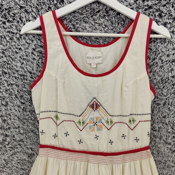 Dolls Point Women Dress Boho Folk Cottagecore 4 Cream Red Embroidered High Low - Picture 10 of 15